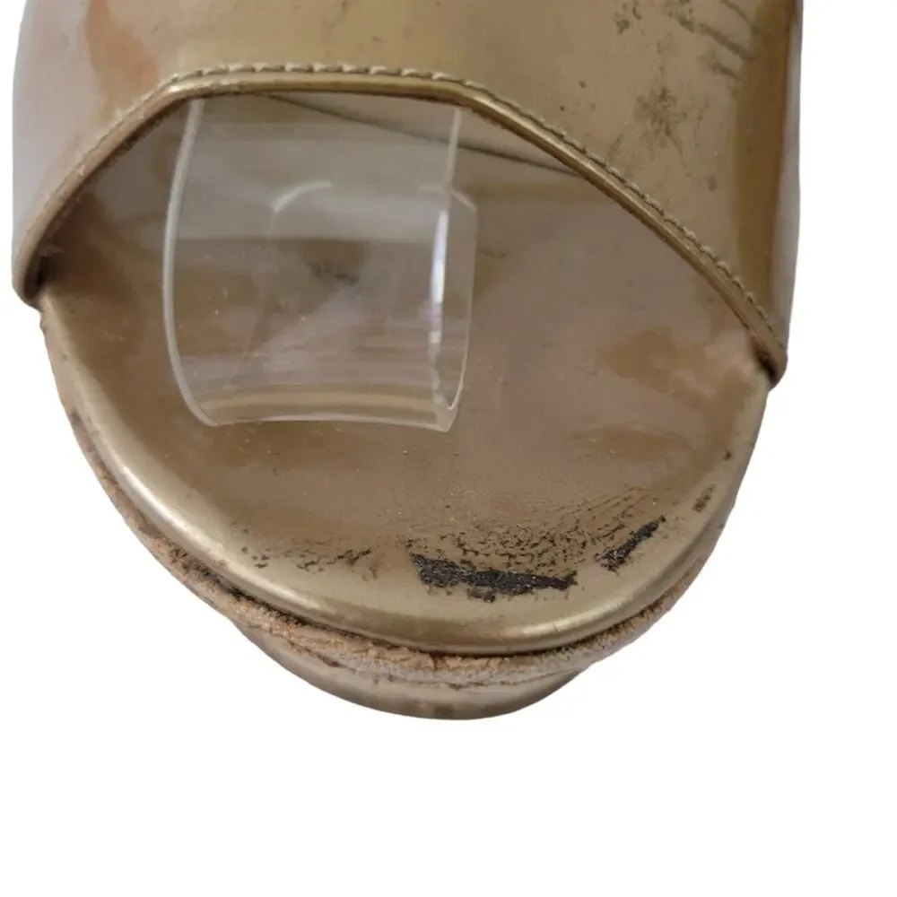 Fendi Neutrals Patent Leather Wedge Platform Sandals IT 38 (8 Women) Gold Tan